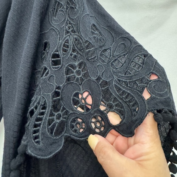 Love Stitch Boho Wrap Crochet Lace Bell Sleeve Jumpsuit Black - Picture 7 of 13